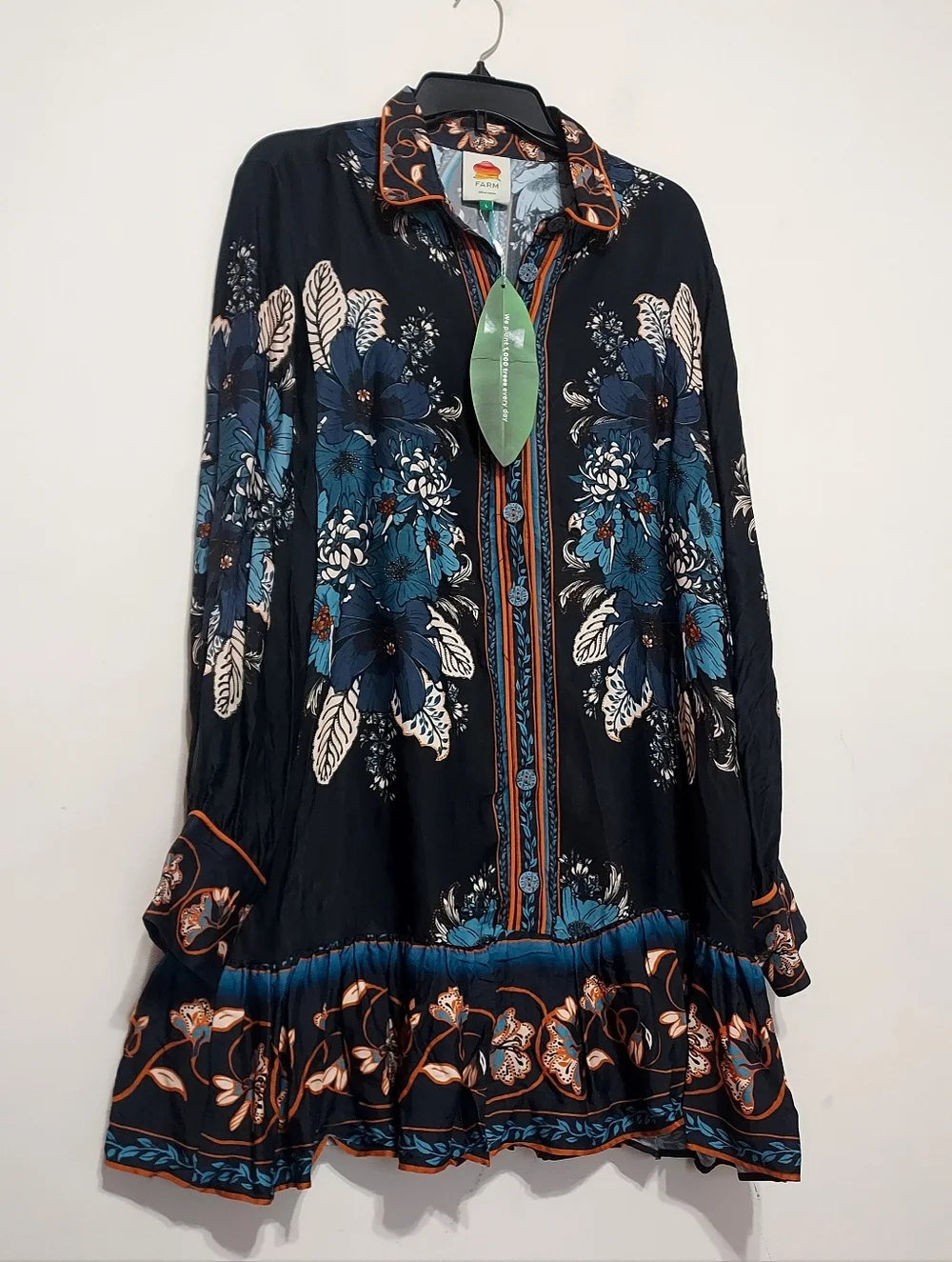 FARM Rio Blossom Tapestry Satin Floral Mini Dress With  Button-Front Long Sleeve